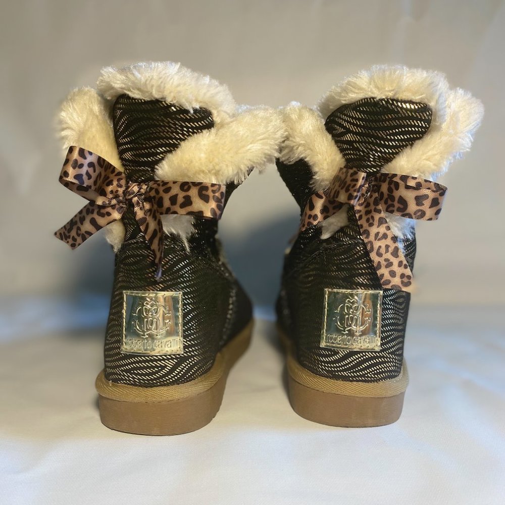 Roberto Cavalli Zebra Print Winter Boots in Black and Gold with Gold accents